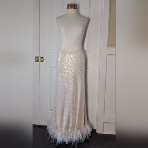 ANTONIO MELANI Ivory Sequin Maxi Skirt with Feather Hem